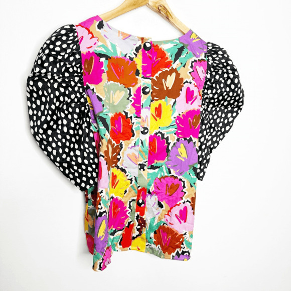 CROSBY BY MOLLIE BURCH Rudy Pleated Puff Short Sleeve polka dot floral womens S - Picture 7 of 9